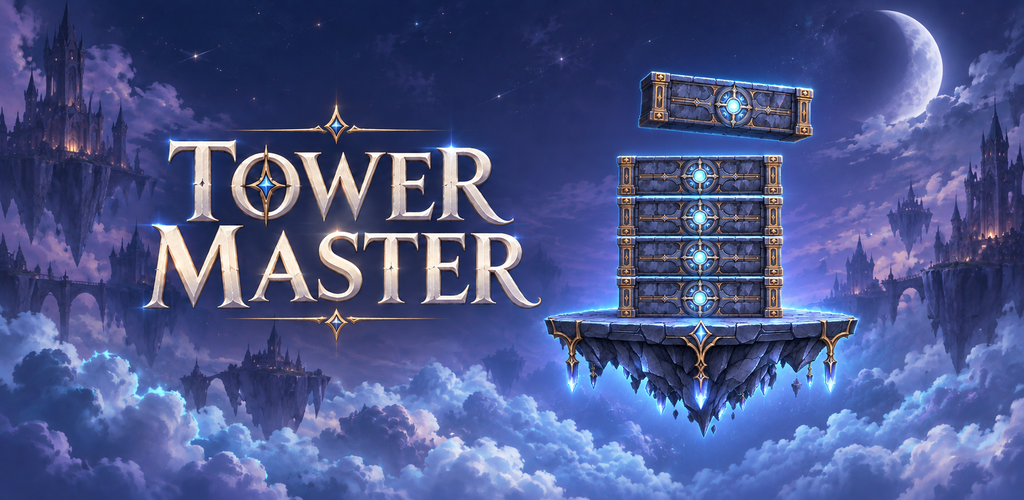 Tower Master title beside glowing stone floors stacked above a floating platform in a moonlit sky.